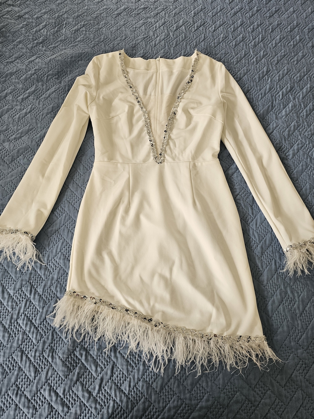 SHEIN Cream Feather-Trim V-Neck Asymmetrical Mini Dress